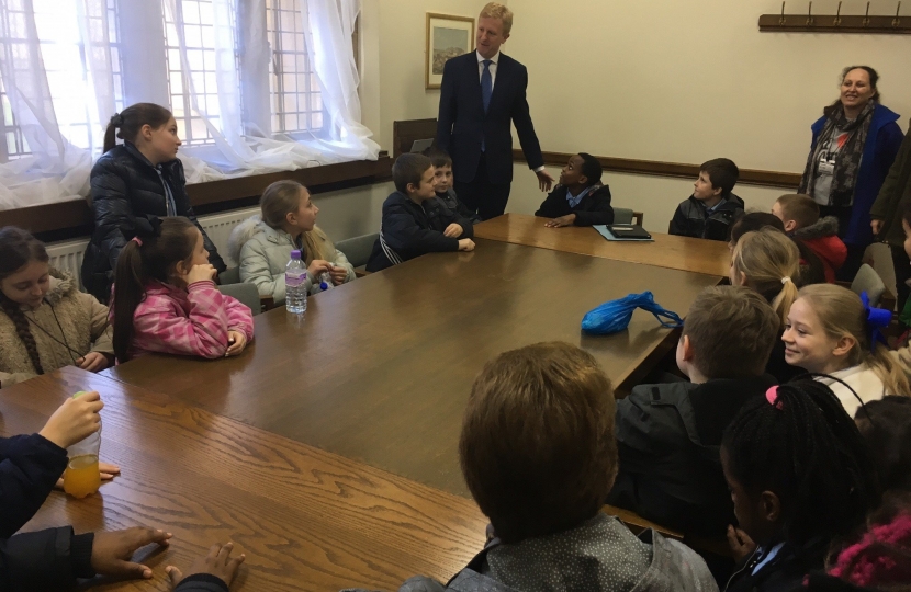 Oliver Dowden MP with pupils from St Nicholas Primary, Elstree