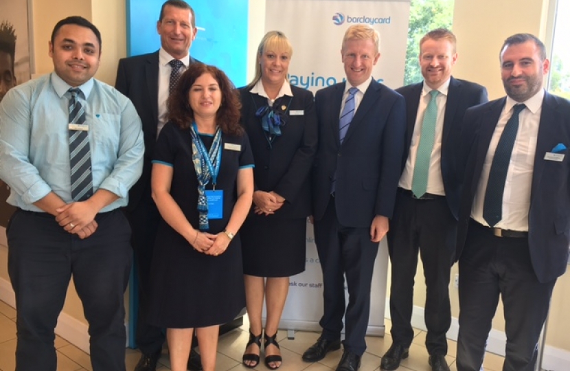 Oliver Dowden MP with the staff of Barclays Bank, Shenley Road - July 2017