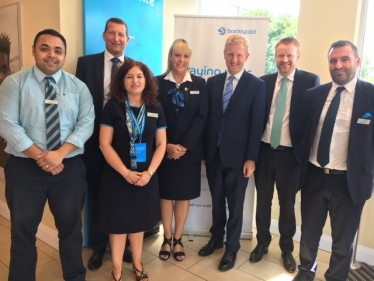 Oliver Dowden MP with the staff of Barclays Bank, Shenley Road - July 2017