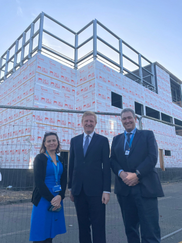 Mr Dowden with Chief Operating Officer, Mary Bhatti and Chief Executive Officer, Matthew Coats outside Watford General Hosptial